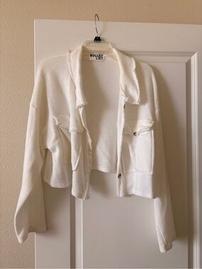 Bucket List White Raw Hem Snap Button Cardigan Jacket | Size L